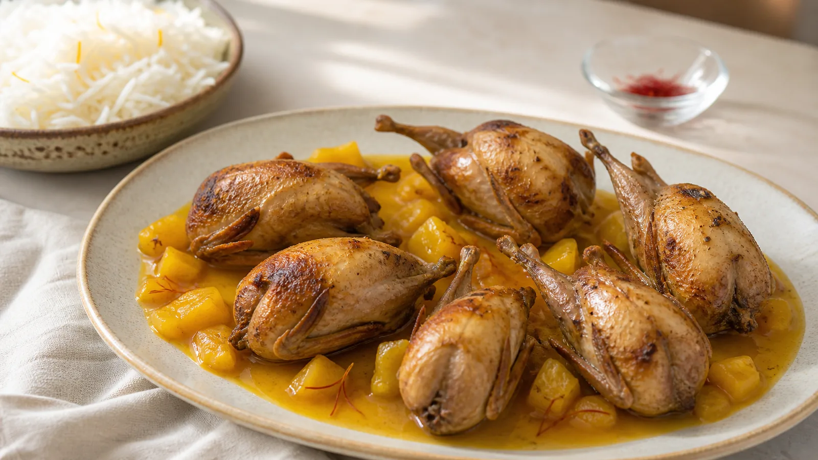 Braised quail with pineapple and saffron sauce