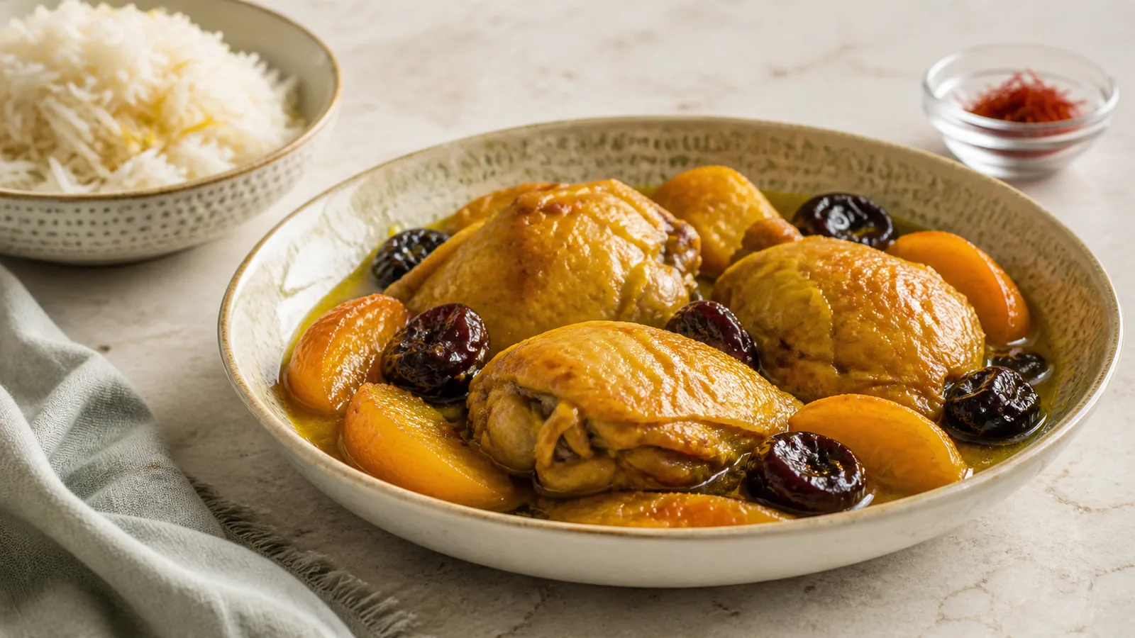 Persian summer peach and plum stew with chicken and saffron