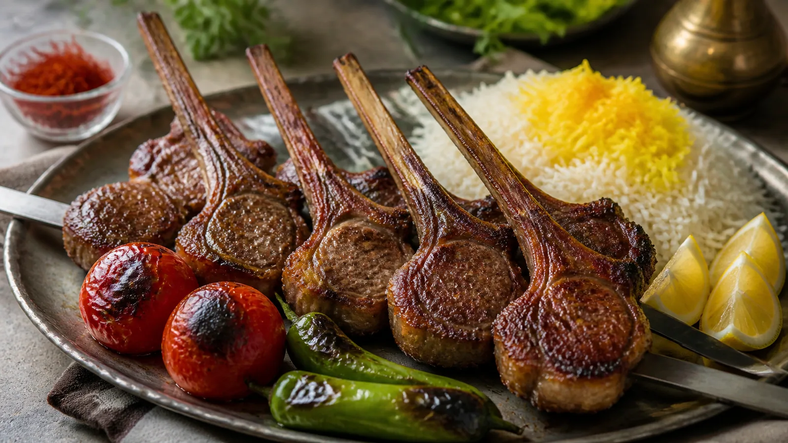 Shishlik Shandiz lamb rib kebab with saffron rice and grilled tomatoes