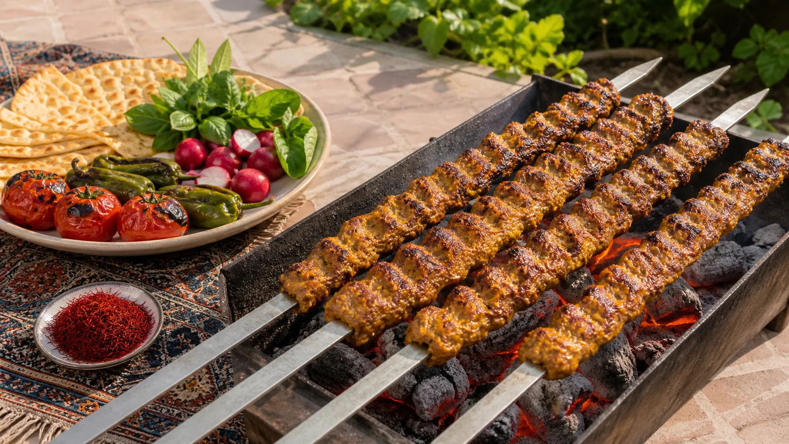 Saffron koobideh kebabs for Sizdah Bedar with grilled tomatoes and herbs