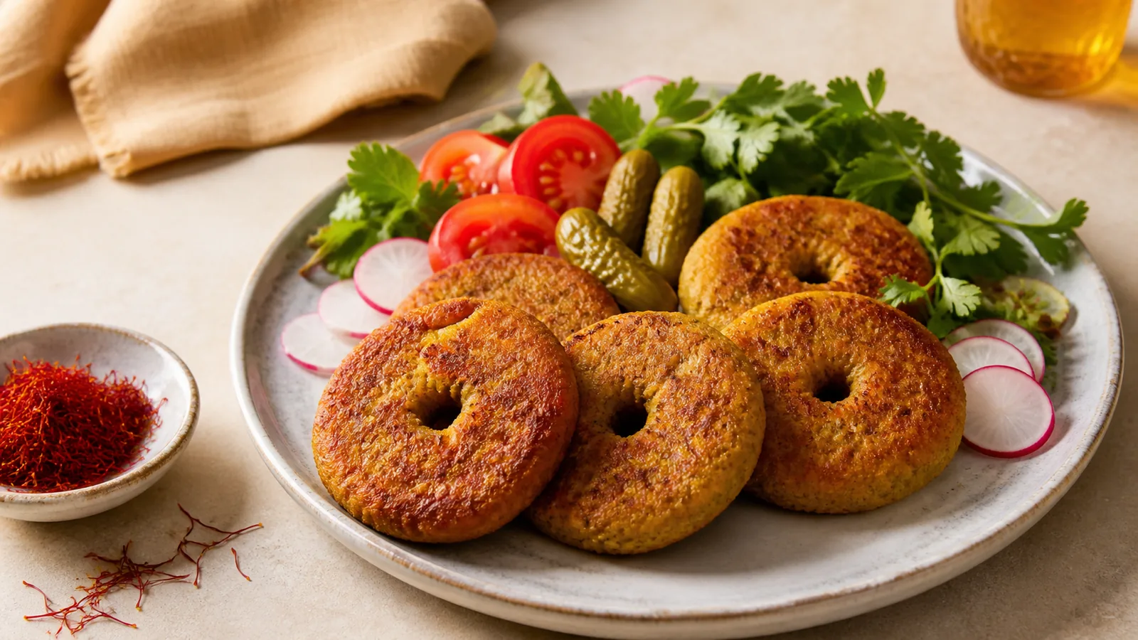 Chicken shami pook patties with saffron, herbs and radishes