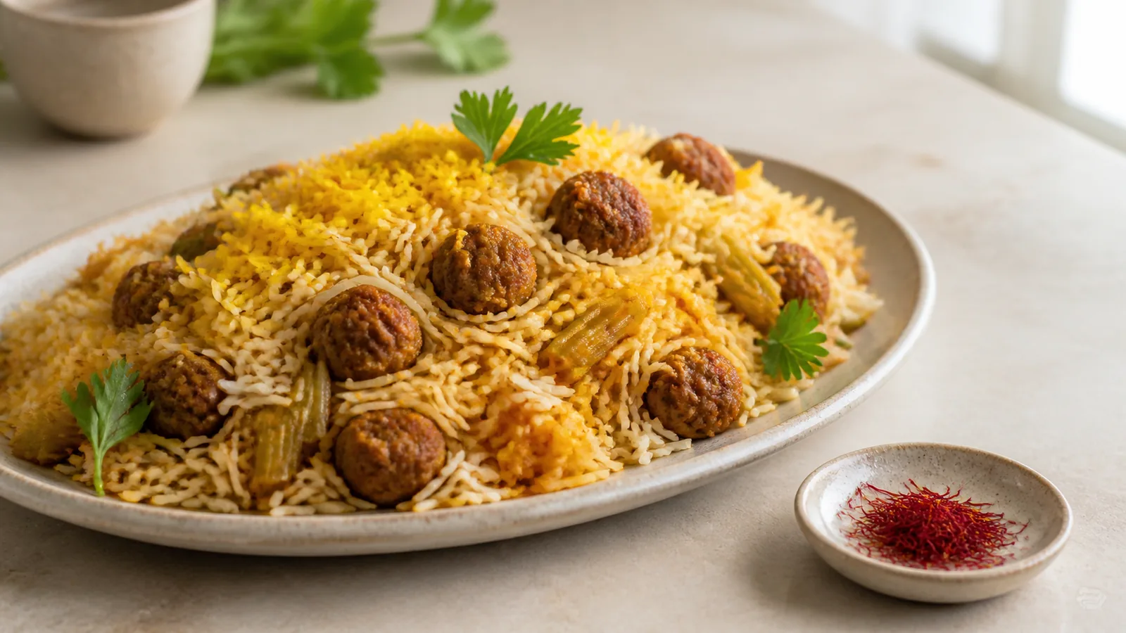 Persian celery saffron rice with small meatballs and fresh celery