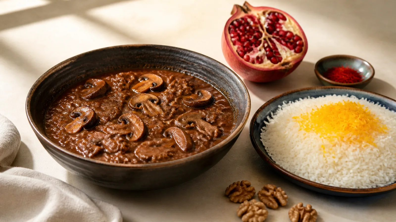 Mushroom fesenjan stew with walnuts, pomegranate and saffron rice