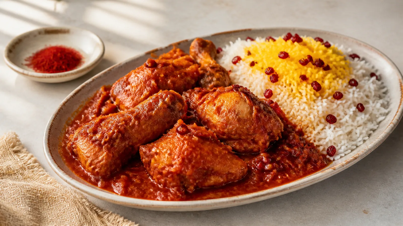 Persian majlesi chicken with saffron tomato sauce and barberry rice