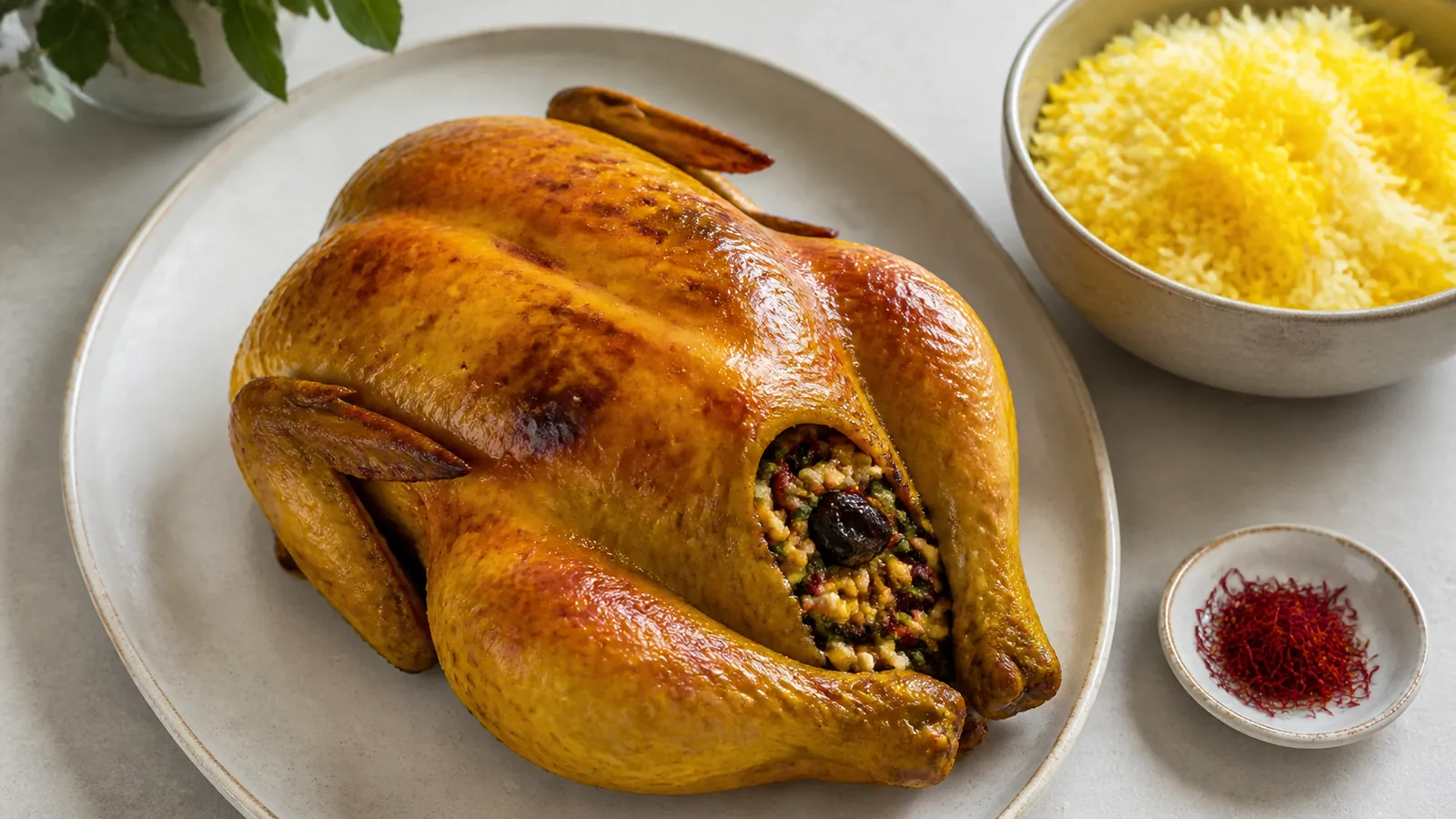 Persian saffron stuffed chicken with walnut herb and dried fruit filling