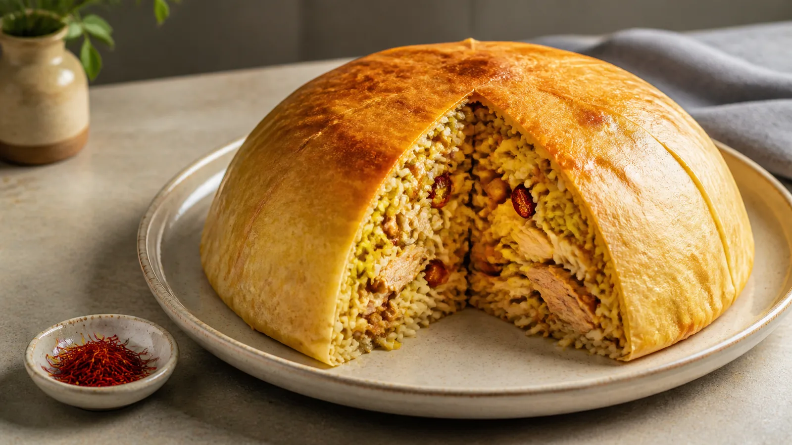 Turkish chicken rice with saffron and barberries inside a pastry shell