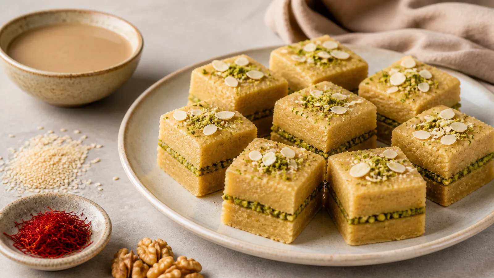 Saffron tahini halva squares with pistachios almonds and sesame