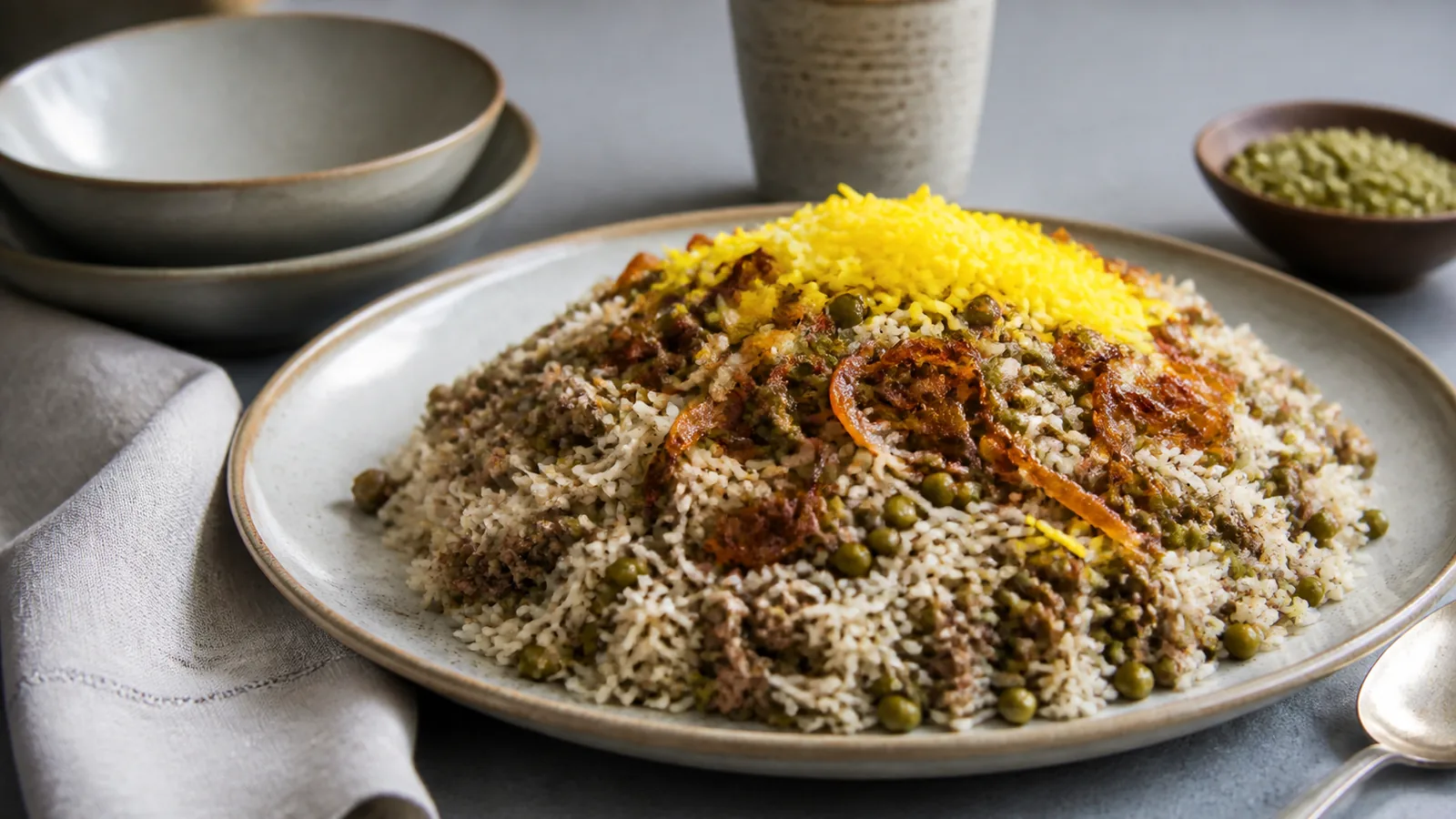 Maash saffron rice with mung beans ground meat and golden onion