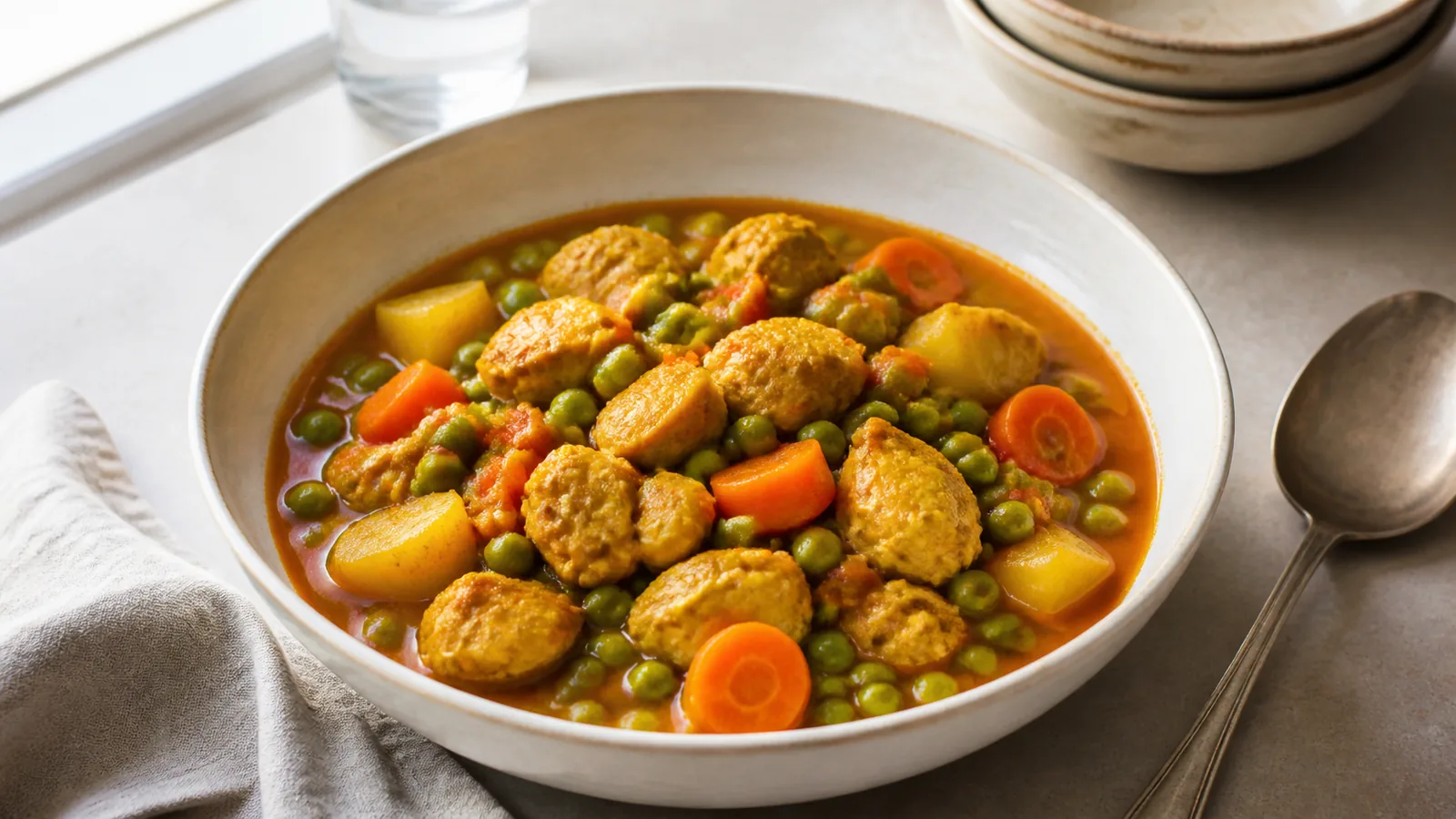 Saffron chicken and green pea stew with carrots and potatoes
