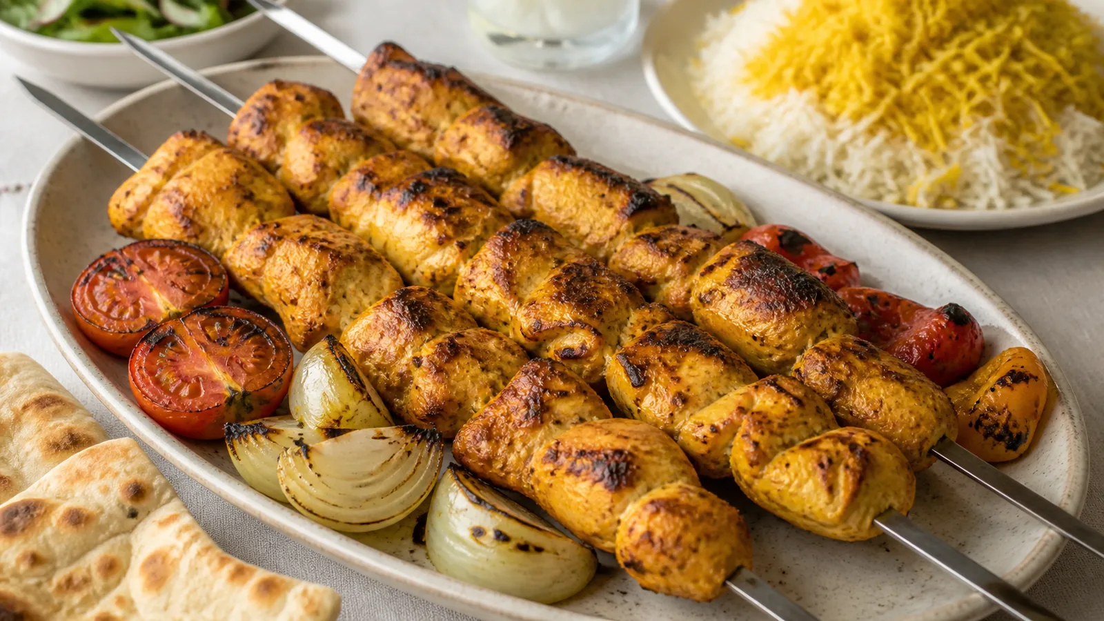 Saffron Lari chicken kebab with grilled tomatoes and peppers