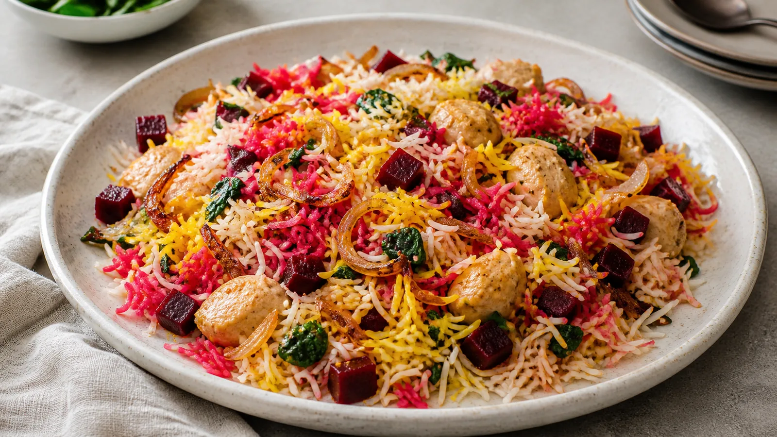 Saffron beetroot rice with chicken spinach and golden onion