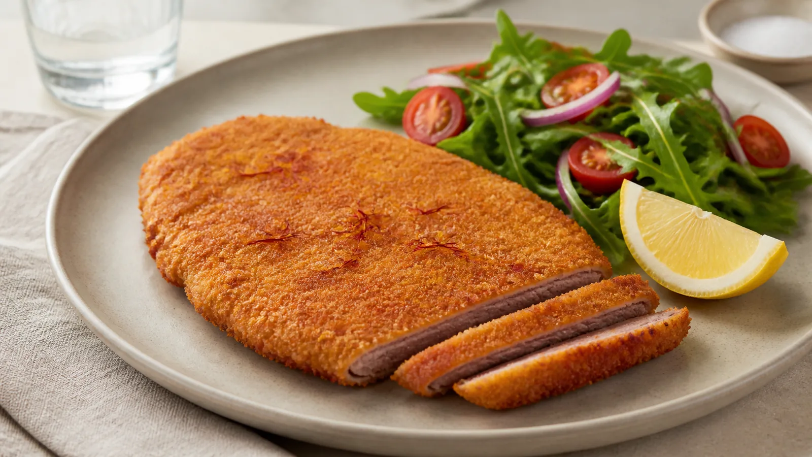 Saffron ostrich schnitzel with a crisp golden breadcrumb crust