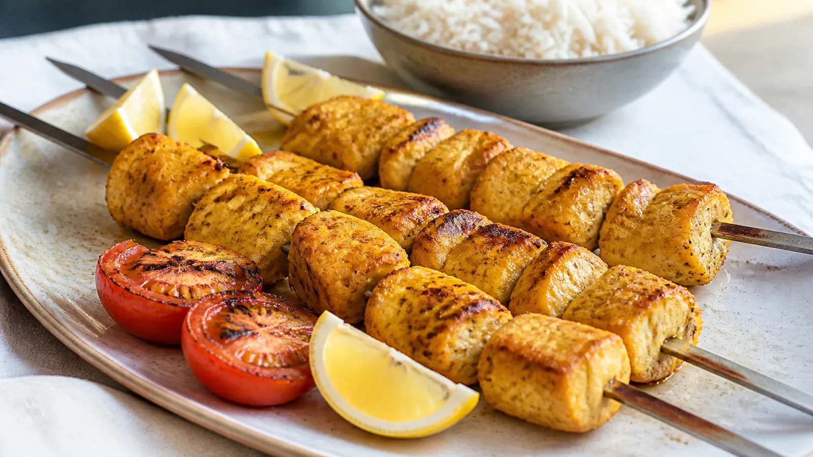 Bandari saffron fish kebab with grilled lemon and tomatoes