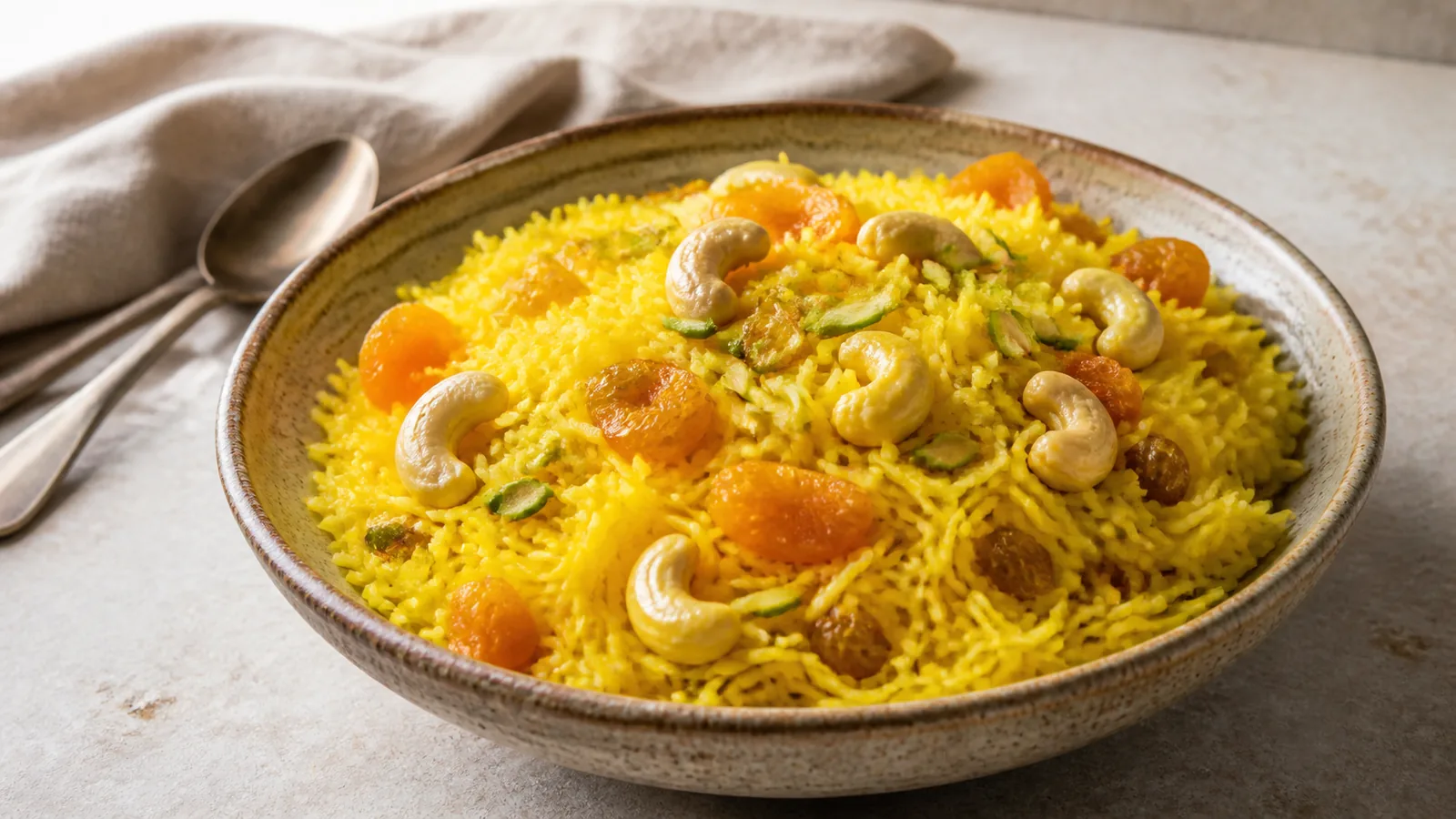 Saffron rice with cashews, raisins, dried apricots and pistachios