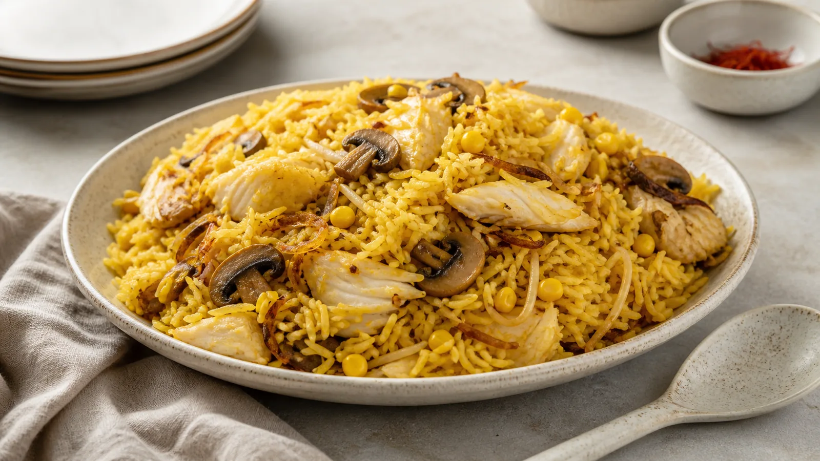 Saffron rice with fish, mushrooms, corn and mung bean sprouts