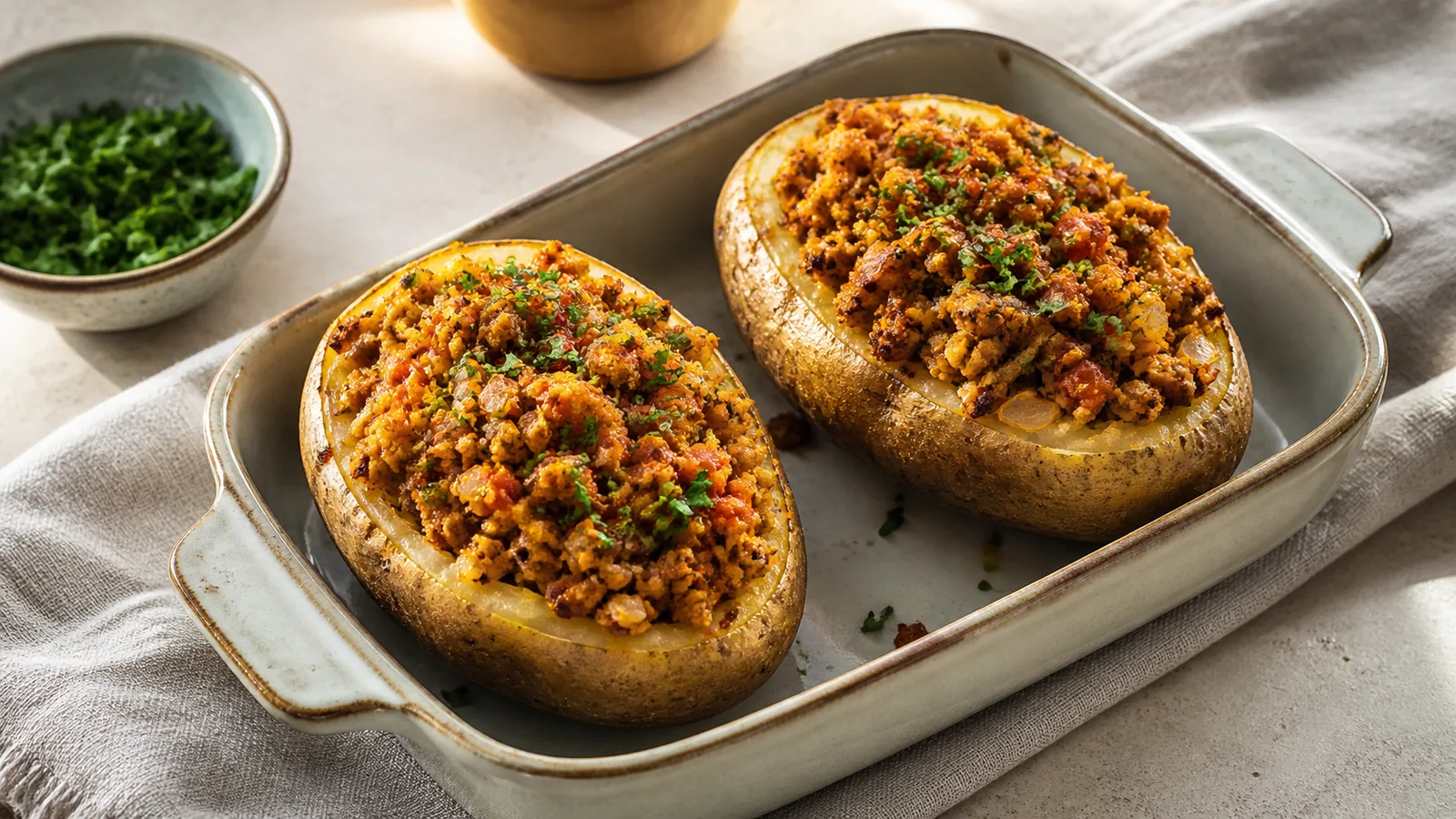 Saffron stuffed baked potatoes with soy, onion and tomato filling