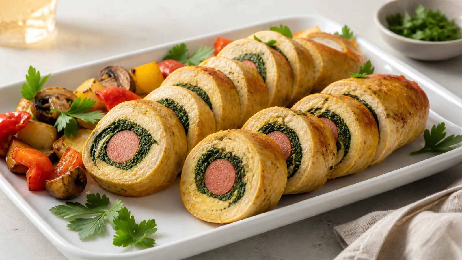 Sliced saffron chicken and spinach rolls with a frankfurter centre