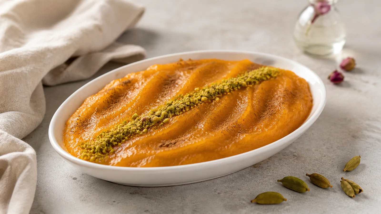 Hamadan saffron carrot halva decorated with cinnamon and pistachio