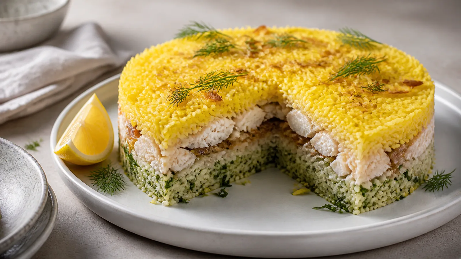 Layered saffron rice mould with fish, onion and green herbs