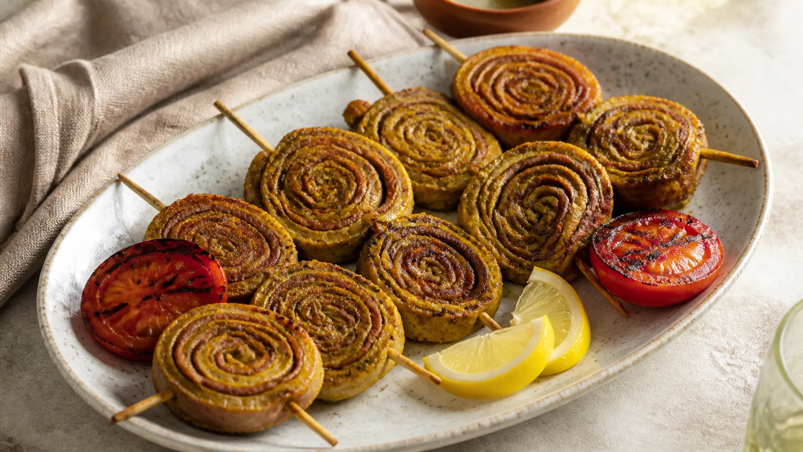 Spiral saffron kebabs made with rolled chicken and lamb beside grilled tomatoes