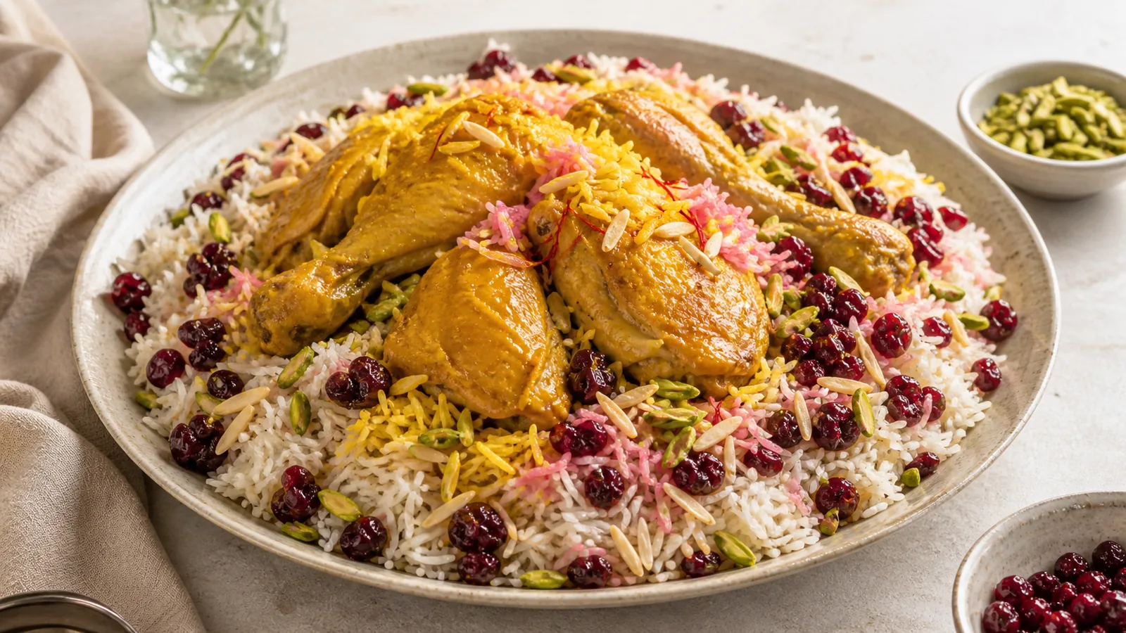 Persian sour-cherry rice with saffron chicken, pistachios and almonds
