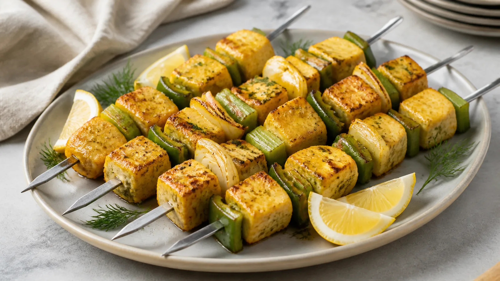 Saffron sturgeon kebabs with green pepper, onion, celery and lemon