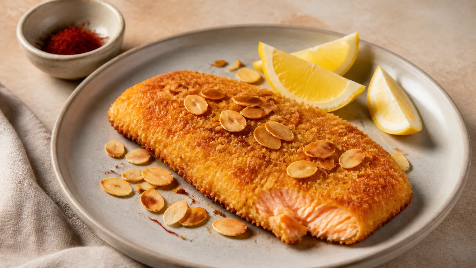 Crisp saffron salmon schnitzel with toasted almonds and lemon