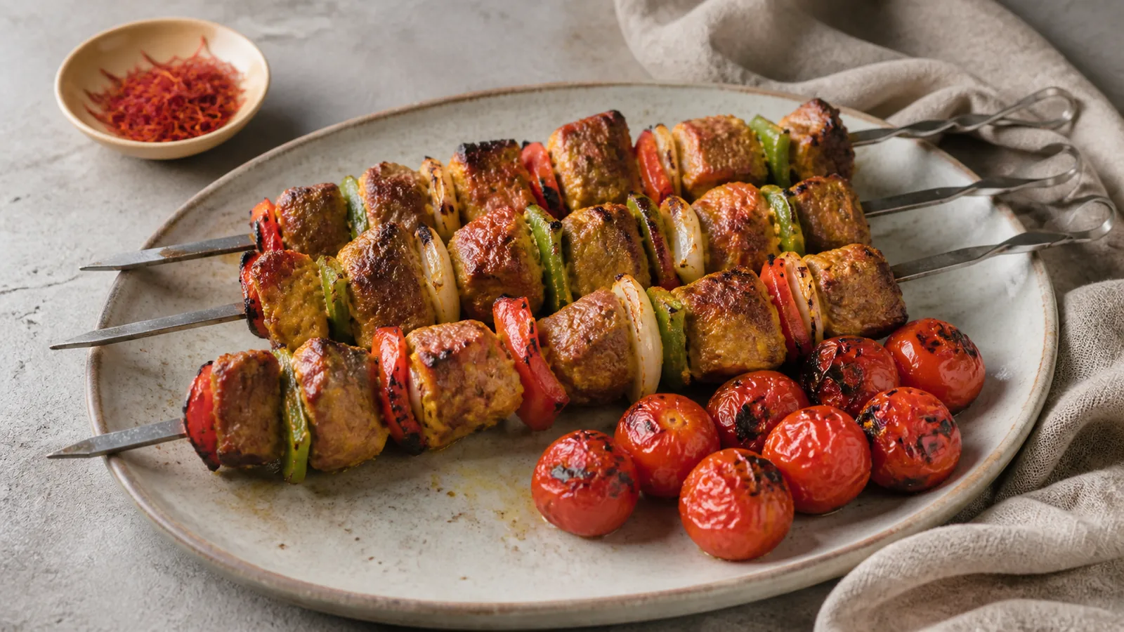 Saffron shashlik skewers with lamb, peppers, onion and grilled tomatoes