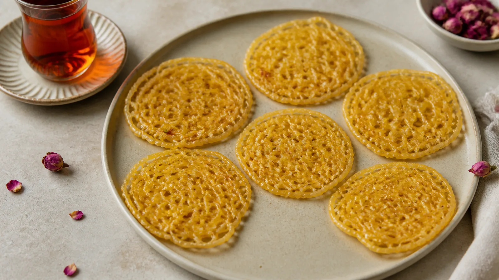 Crisp saffron zolbia sweets with rose petals and tea