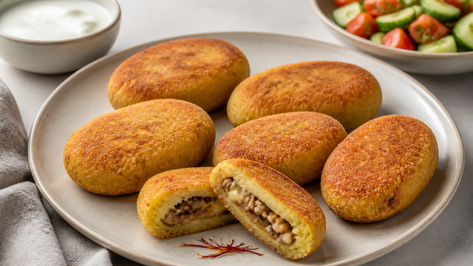Stuffed saffron potato kuku with mushroom, walnut and cheese filling