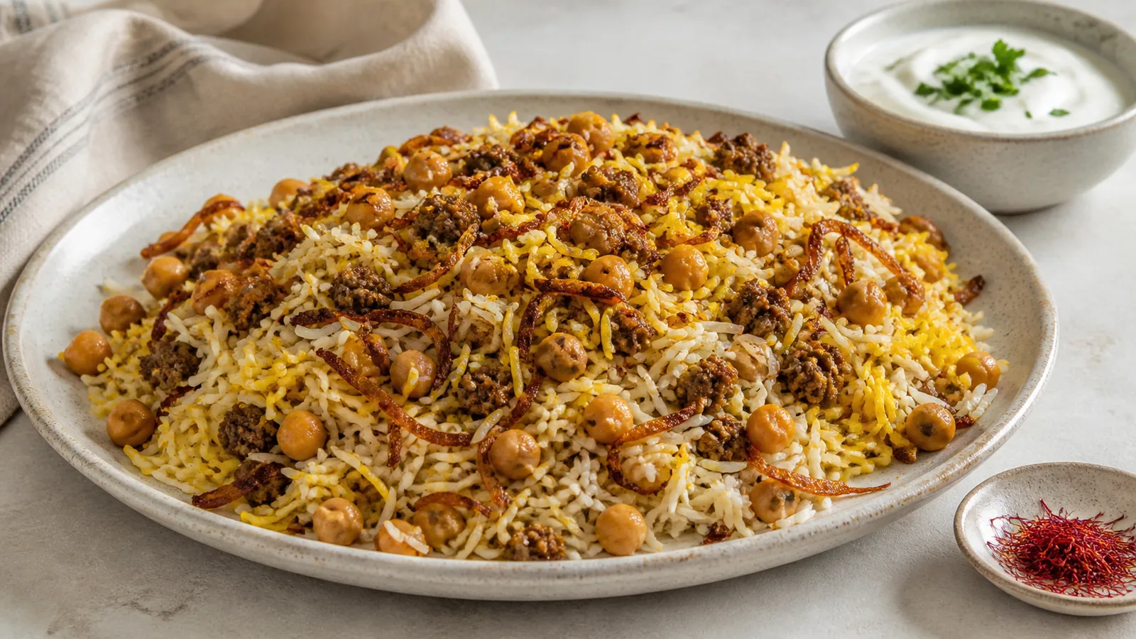 Chickpea saffron rice with minced lamb and crisp fried onion