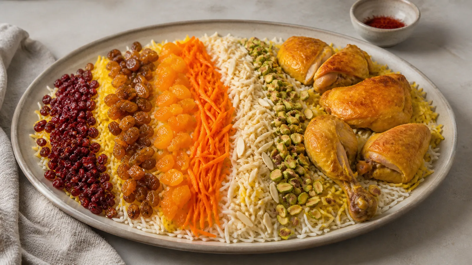 Morasa saffron rice with chicken, barberries, orange peel and nuts