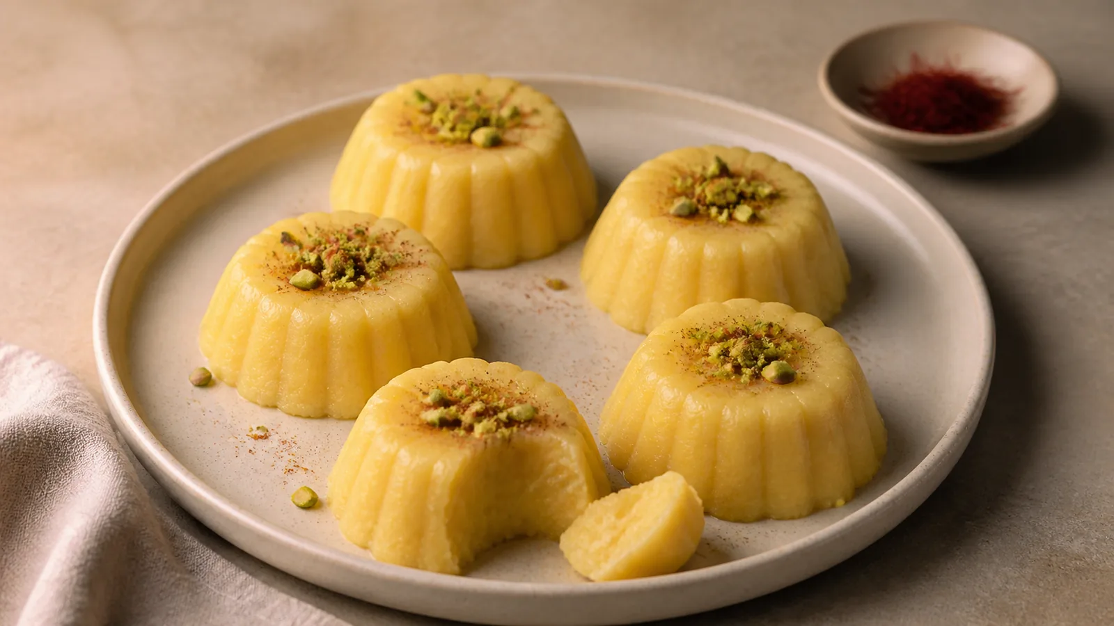 Moulded saffron rice flour halva with cinnamon and pistachios