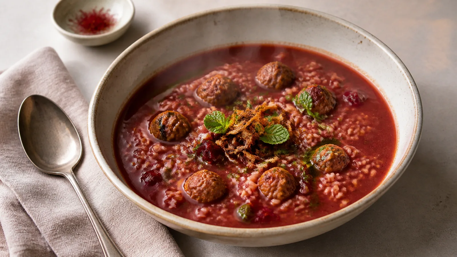 Saffron pomegranate soup with herbs, grains and small meatballs