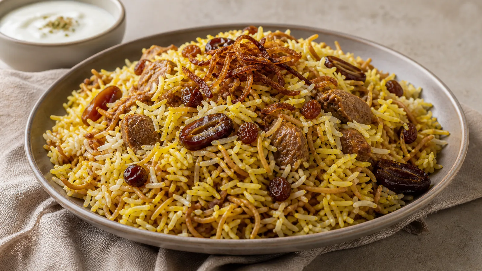 Persian noodle saffron rice with lamb raisins dates and fried onion