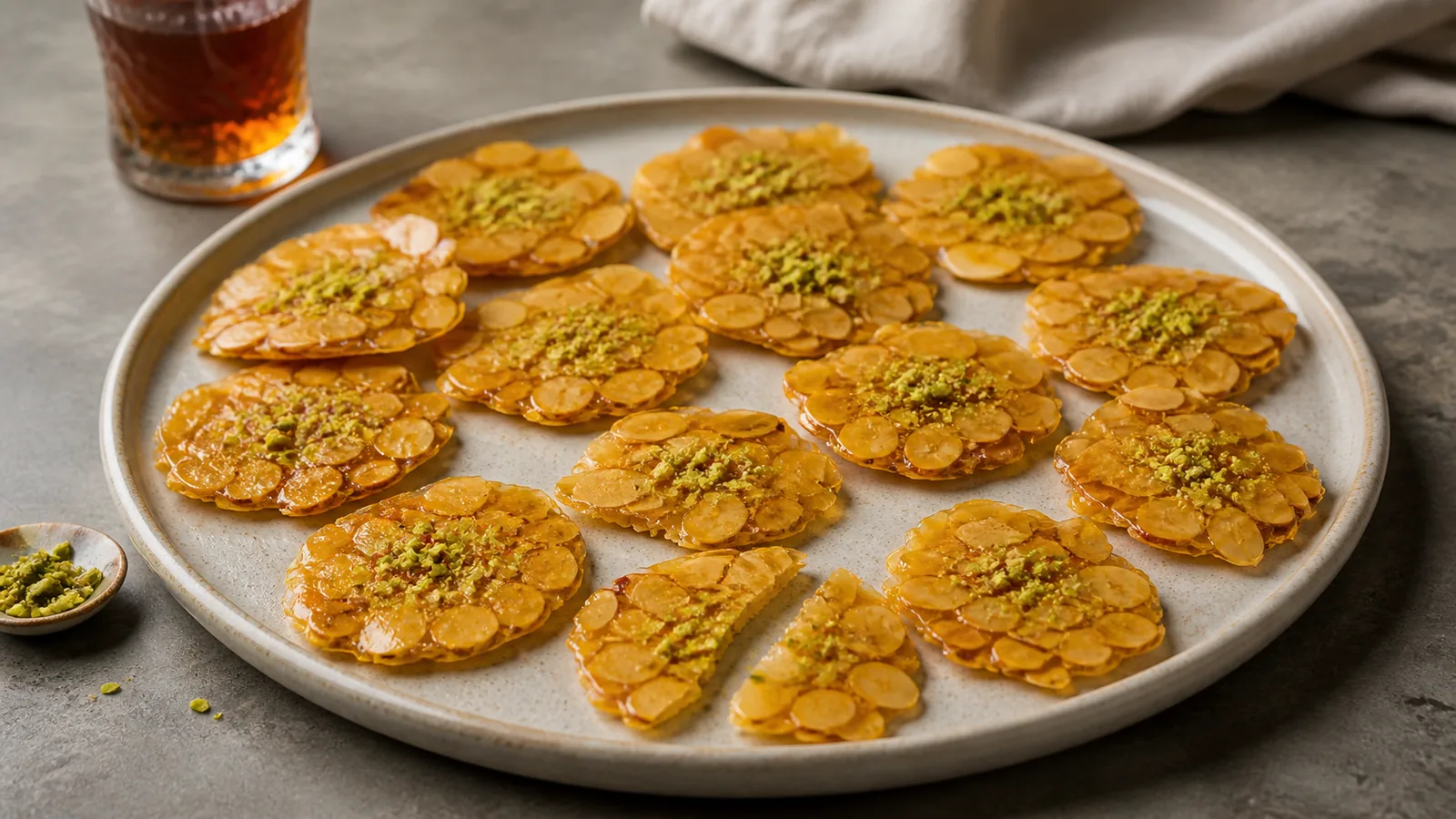 Thin almond sohan brittle with saffron honey and pistachios