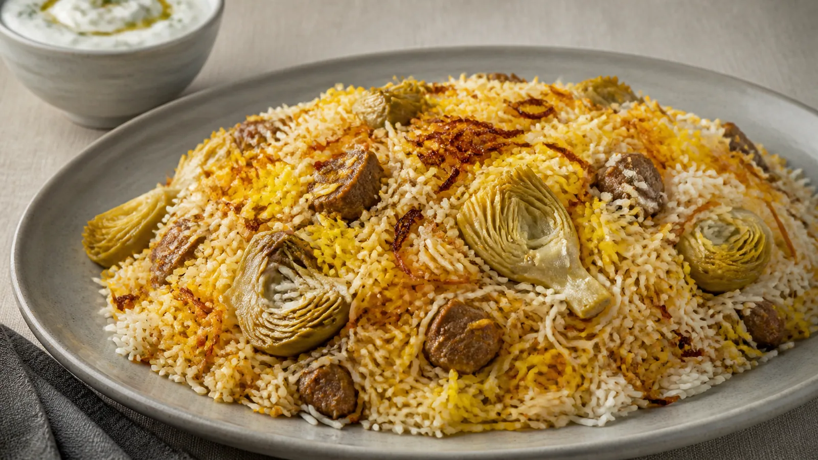 Saffron artichoke rice with Persian noodles and tender lamb
