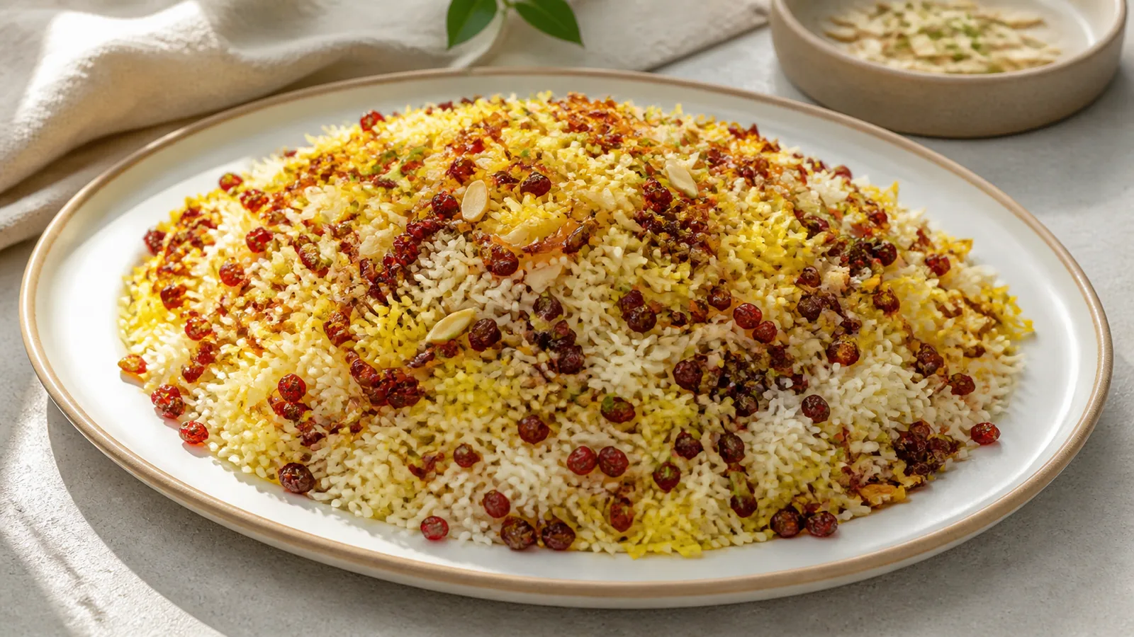 Persian barberry saffron rice with tart zereshk almonds and pistachios
