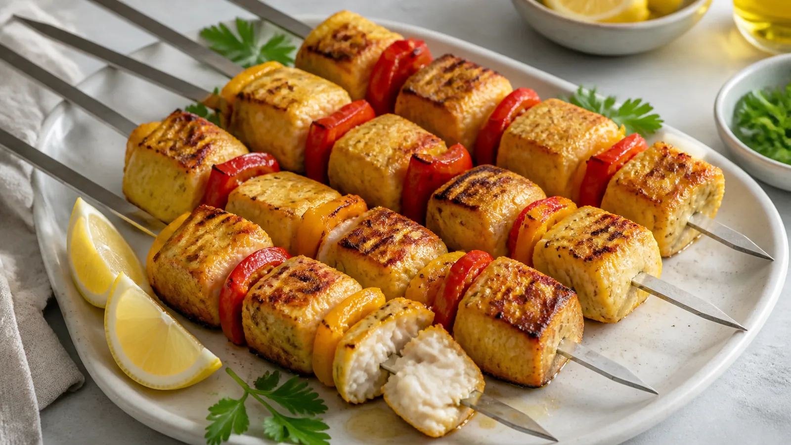 Grilled starry sturgeon kebab skewers with saffron and sweet peppers
