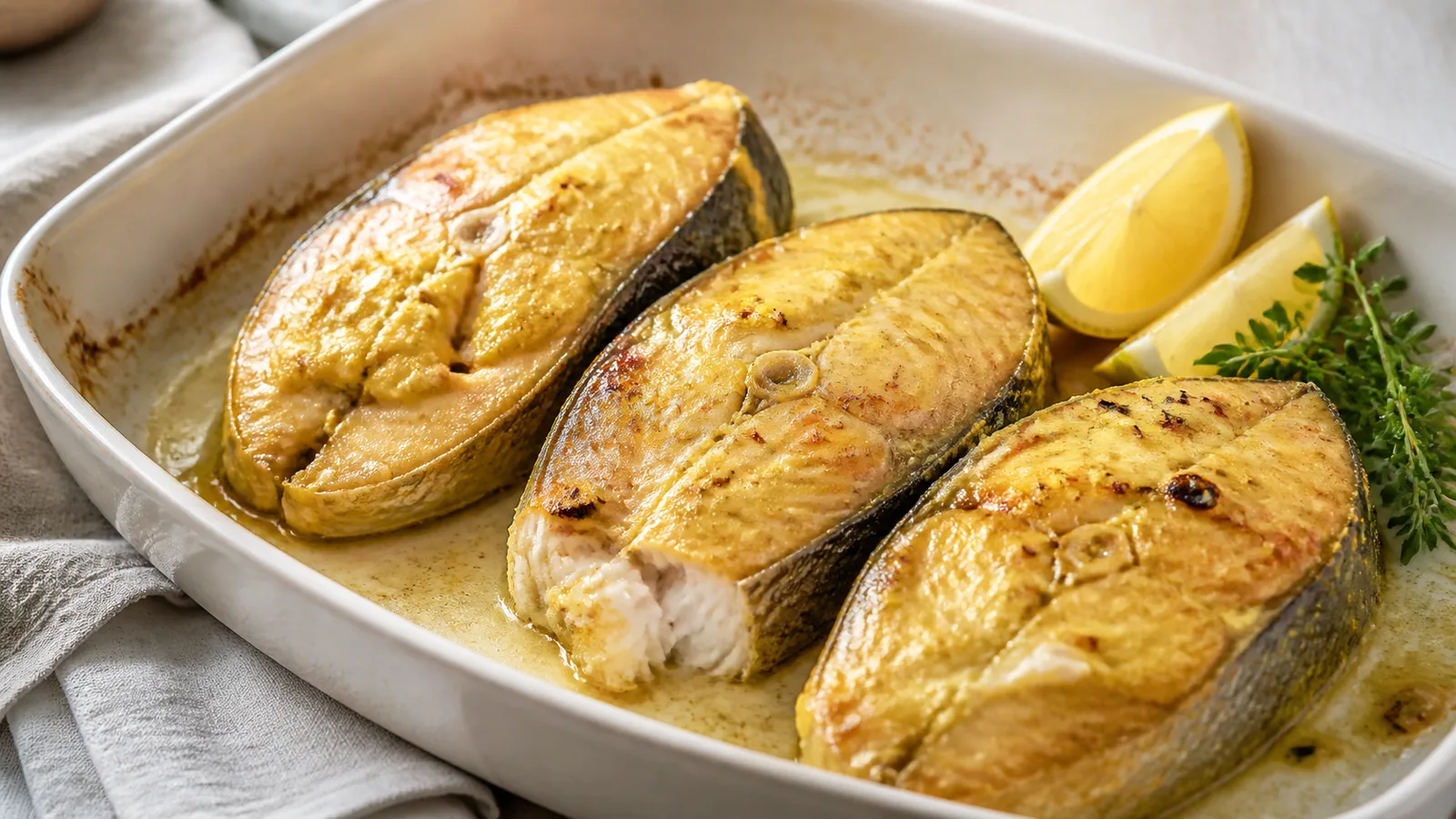 Roast milkfish with a golden saffron cream glaze and lemon