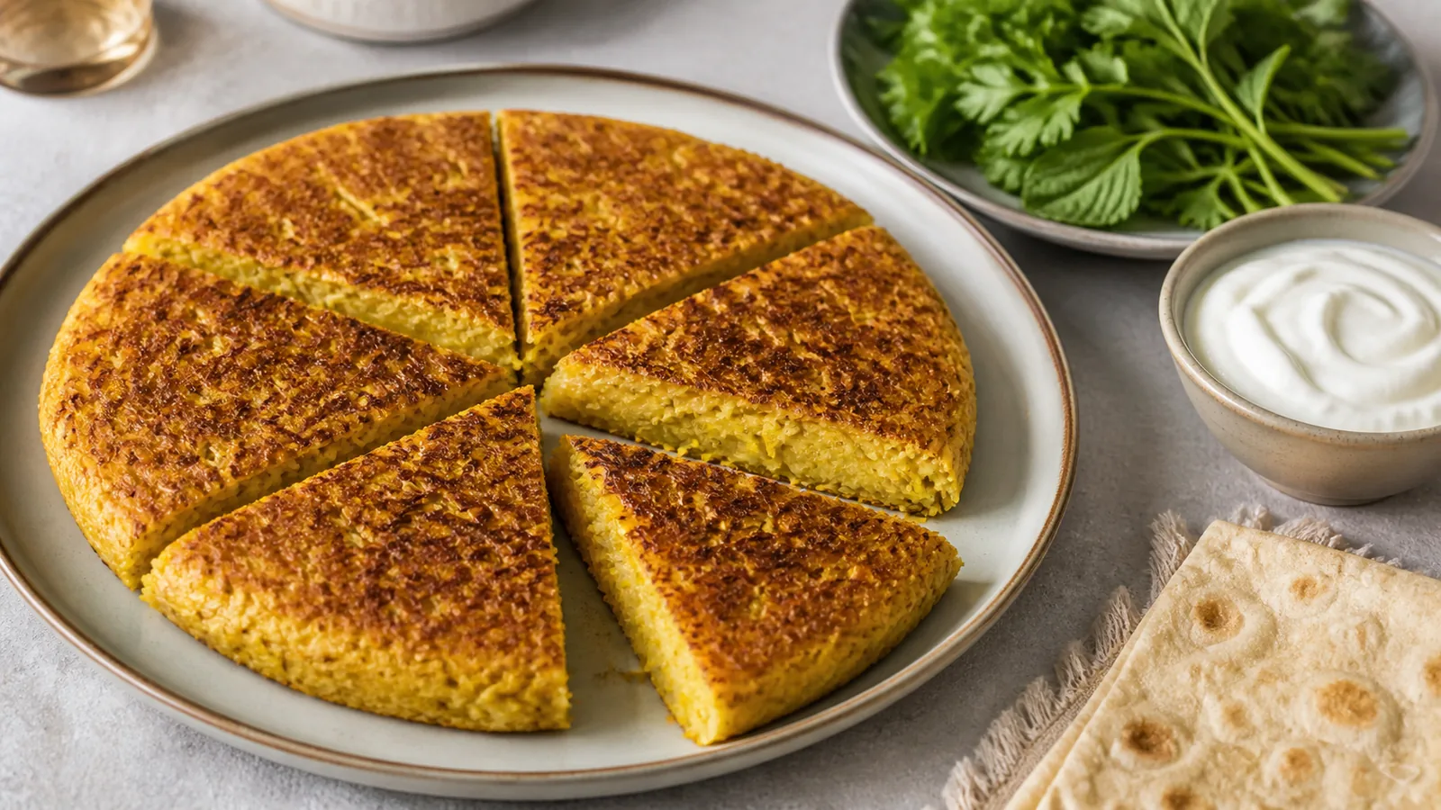 Golden saffron quince kuku wedges with flatbread and fresh herbs