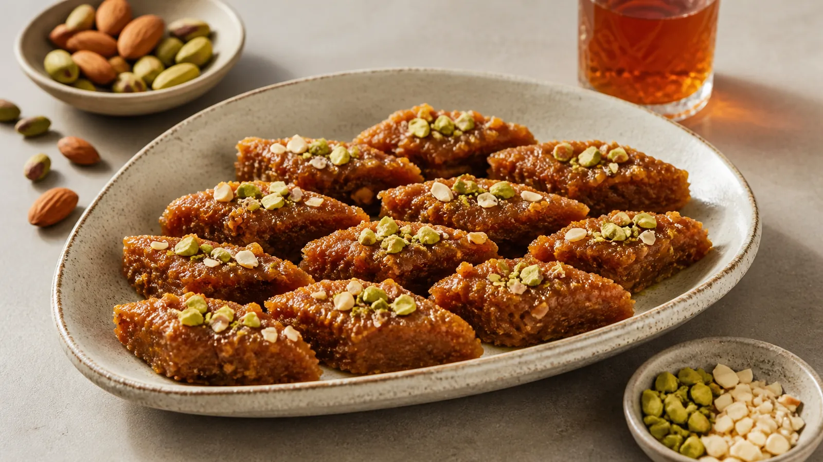 Saffron date halva pieces topped with pistachios and almonds