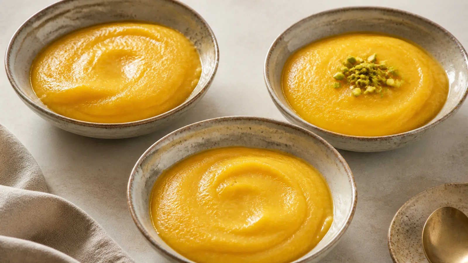 Soft saffron rice flour bowl halva topped with pistachios