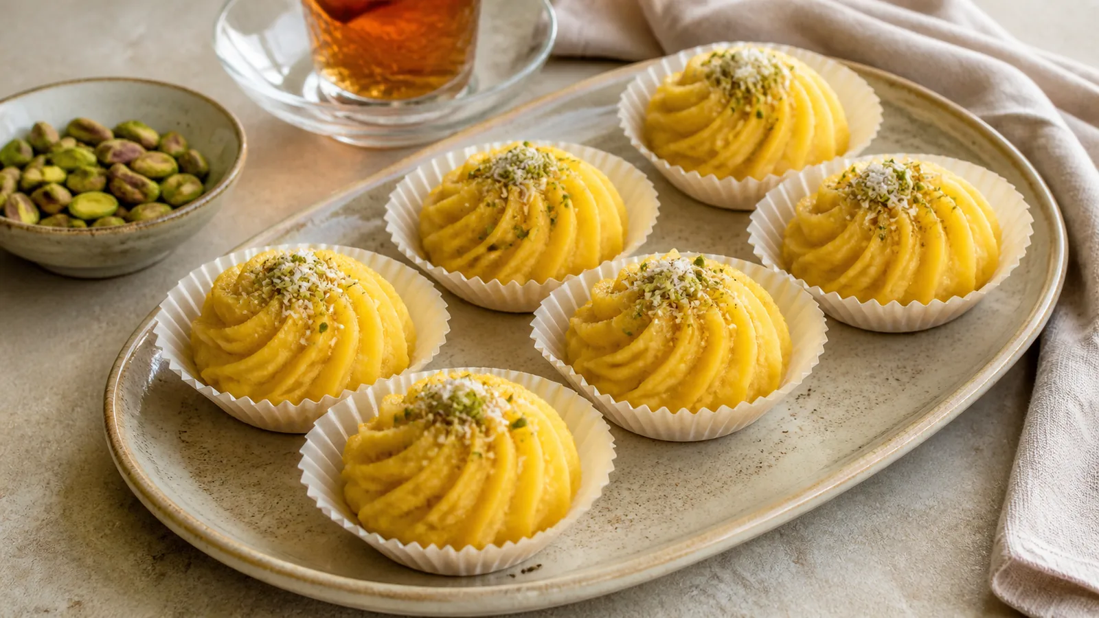 Piped saffron rice flour halva rosettes for iftar with pistachios