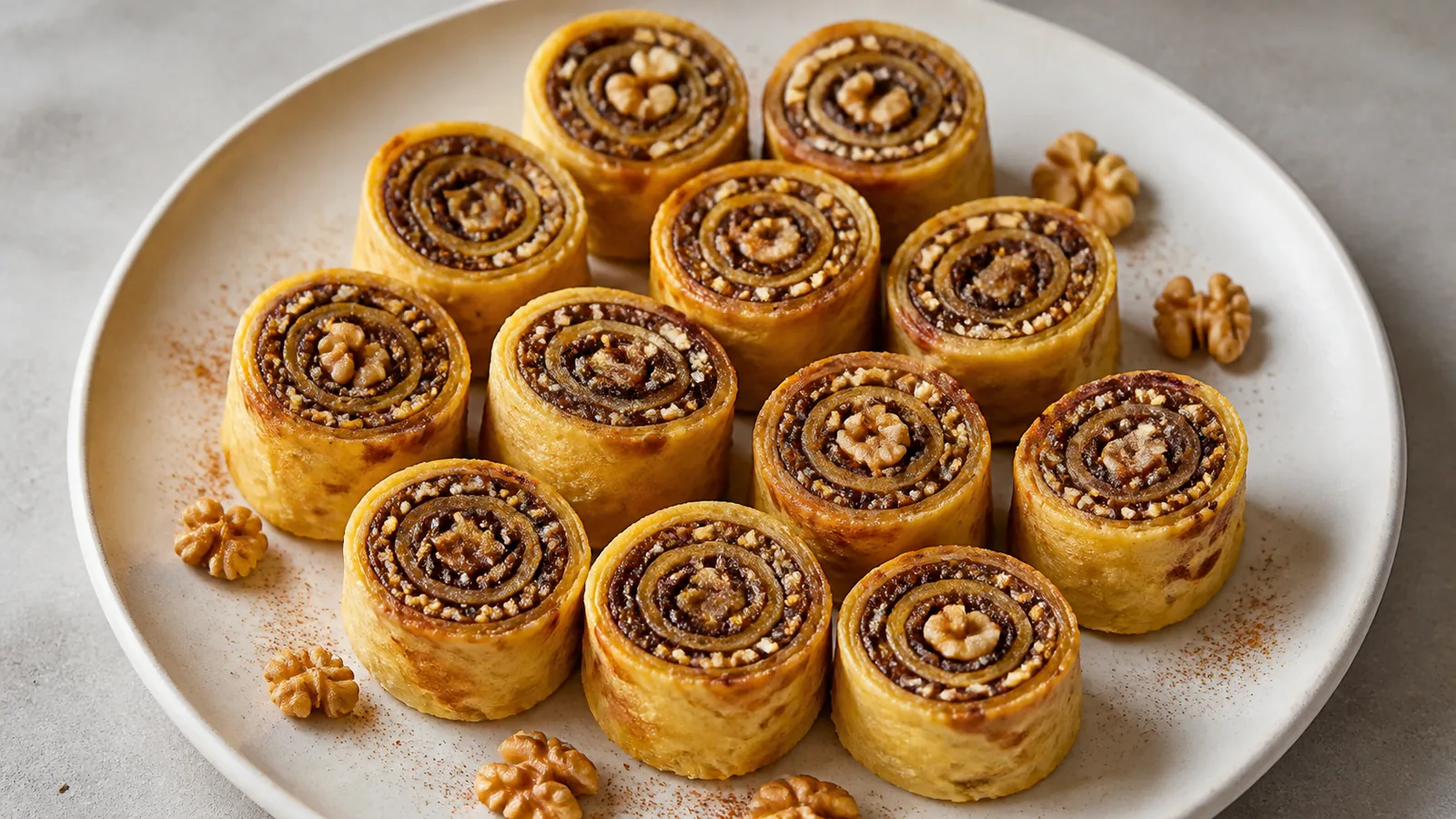Sliced saffron pancake rolls filled with dates walnuts honey and sesame
