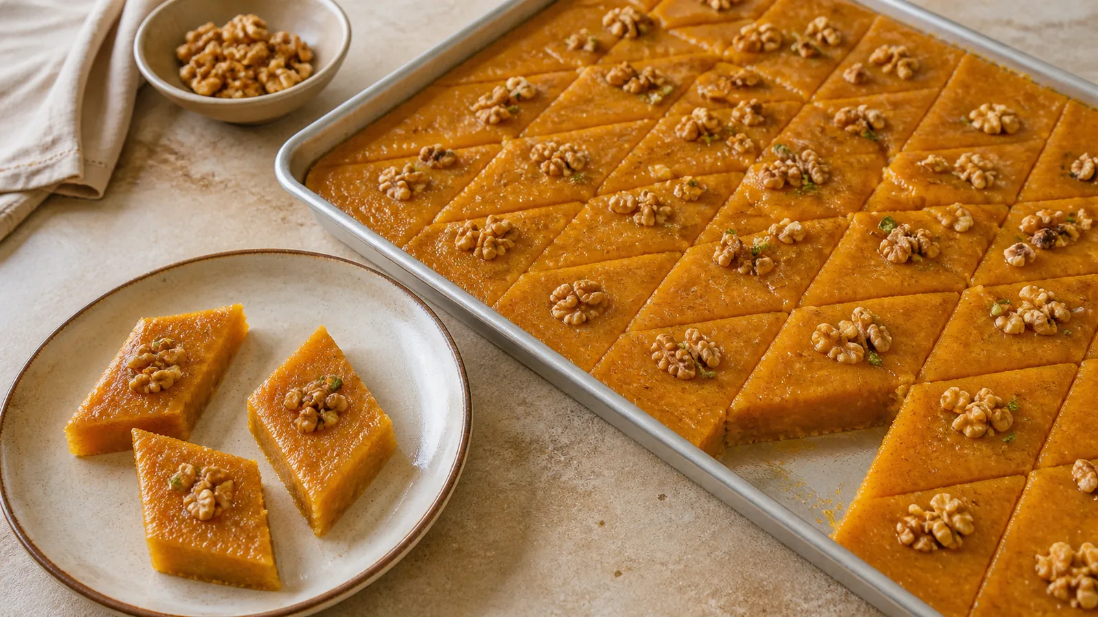 Local saffron rice flour halva diamonds with walnuts cinnamon and cumin