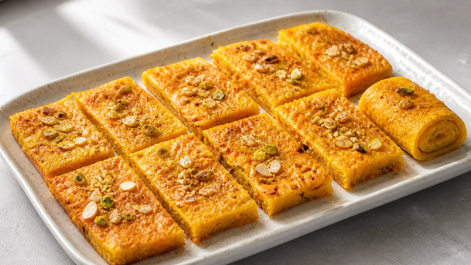 Sweet saffron carrot omelette slices with almonds pistachios and cinnamon