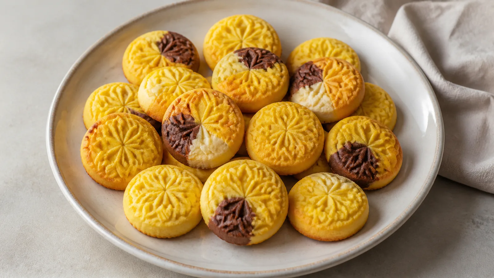 Stamped saffron bread cookies with golden cocoa and vanilla pieces