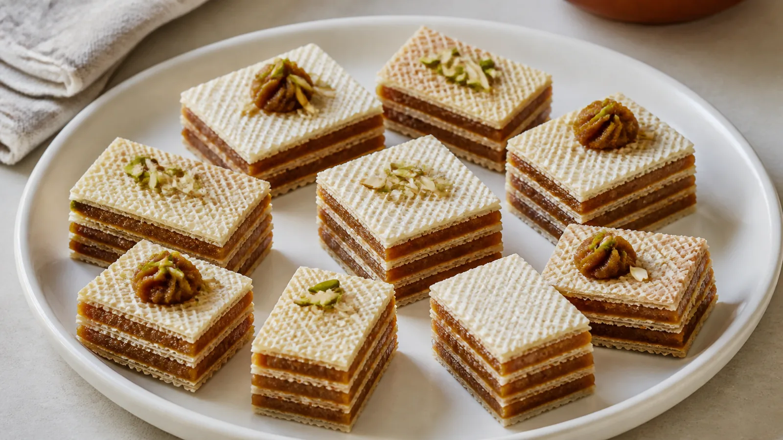 Grape syrup saffron halva squares layered between crisp wafer sheets