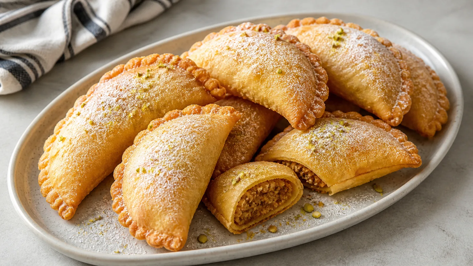 Fried saffron pocket pastries with walnut cinnamon and cardamom filling